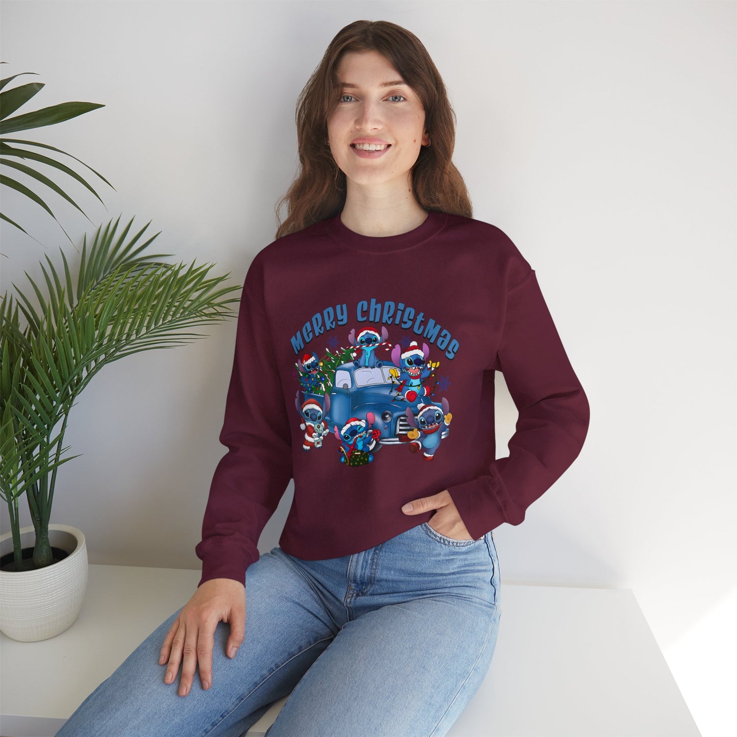 Merry Christmas Unisex Heavy Blend Crewneck Sweatshirt – Blue Christmas Truck & Cute Holiday Characters Sweater