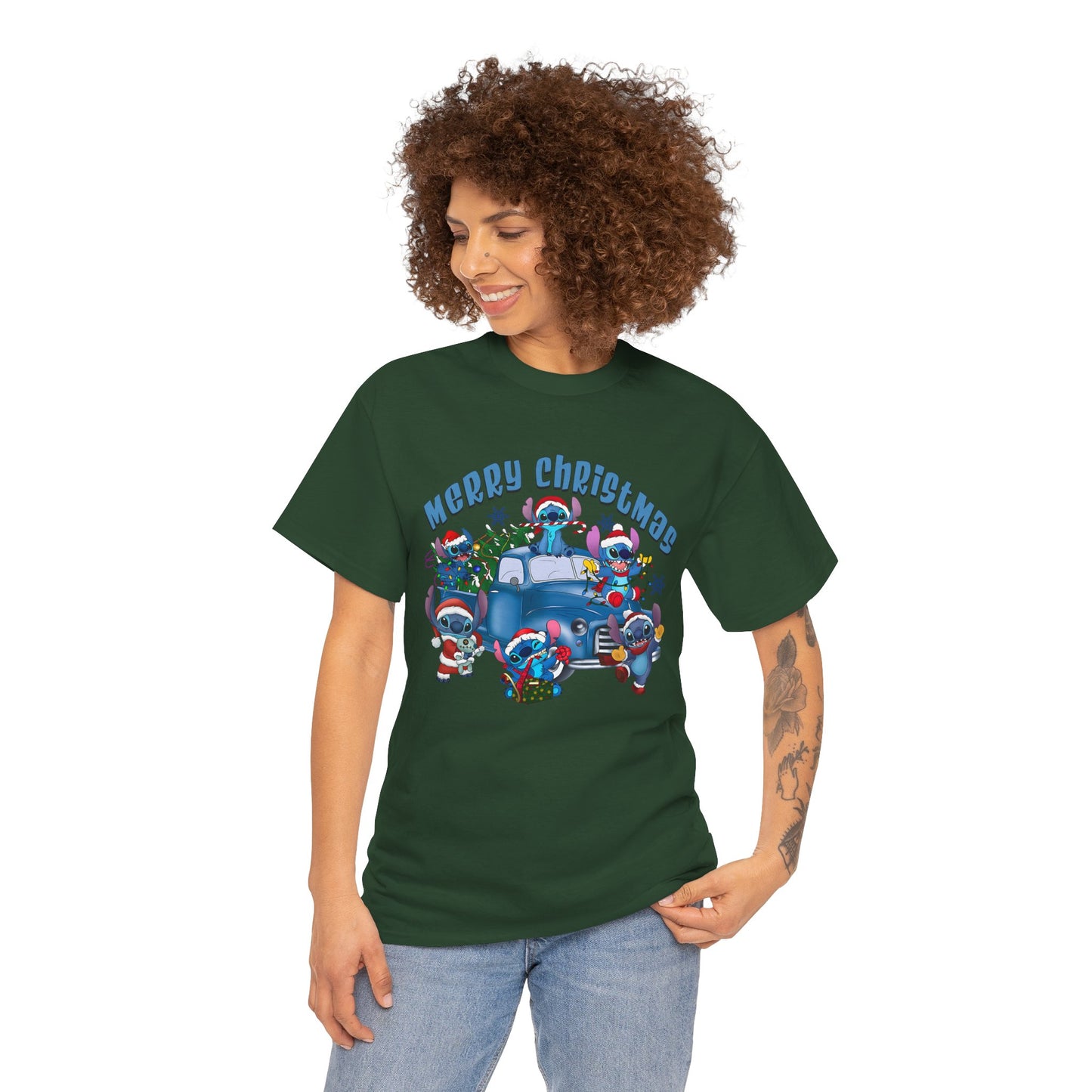 Merry Christmas Unisex Heavy Cotton T-Shirt – Blue Christmas Truck & Cute Holiday Characters Tee