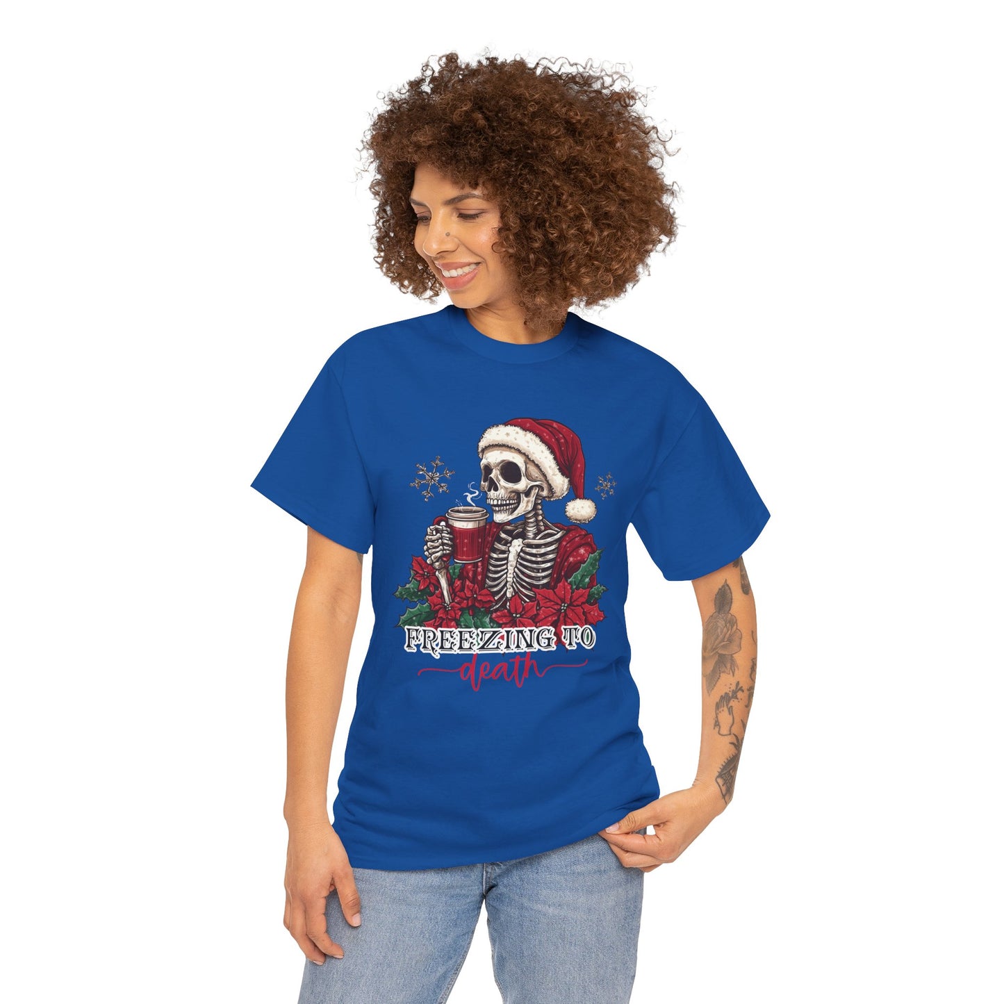 Freezing To Death Skeleton Christmas Tee – Funny Holiday Unisex Heavy Cotton T-Shirt, Winter Coffee Xmas Shirt