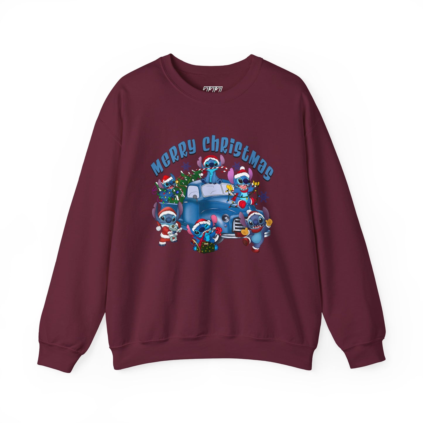 Merry Christmas Unisex Heavy Blend Crewneck Sweatshirt – Blue Christmas Truck & Cute Holiday Characters Sweater