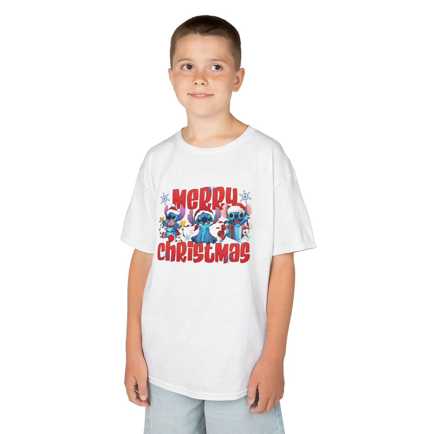 Merry Christmas Kids T-Shirt – Cute Blue Holiday Characters Heavy Cotton Tee