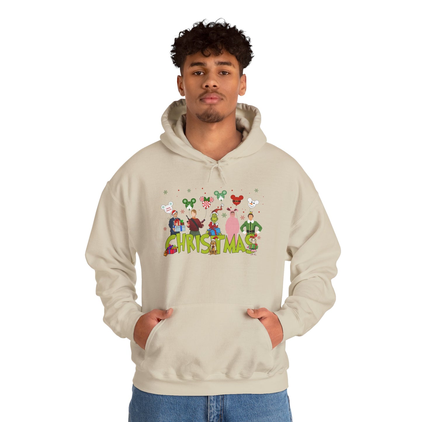 Christmas Character Squad Hoodie – Cute Festive Holiday Characters Unisex Heavy Blend Hooded Sweatshirt