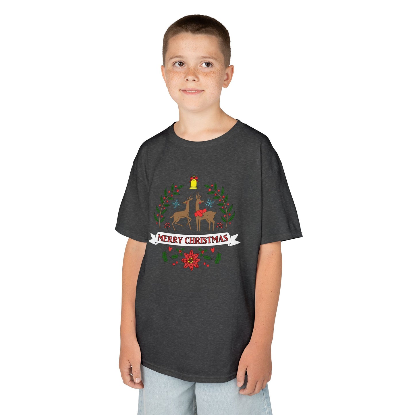 Merry Christmas Reindeer Kids T-Shirt – Cute Holiday Laurel & Poinsettia Tee