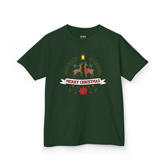 Merry Christmas Reindeer Kids T-Shirt – Cute Holiday Laurel & Poinsettia Tee