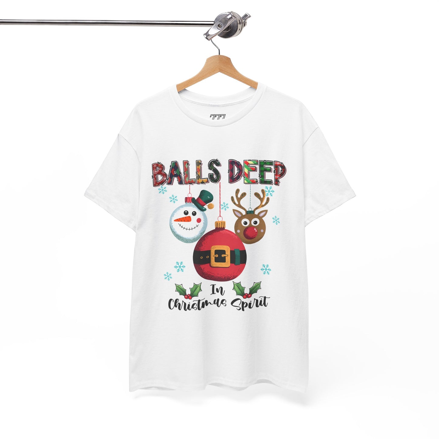 Balls Deep in Christmas Cheer Unisex Heavy Cotton T-Shirt – Funny Adult Holiday Snowman & Reindeer Tee