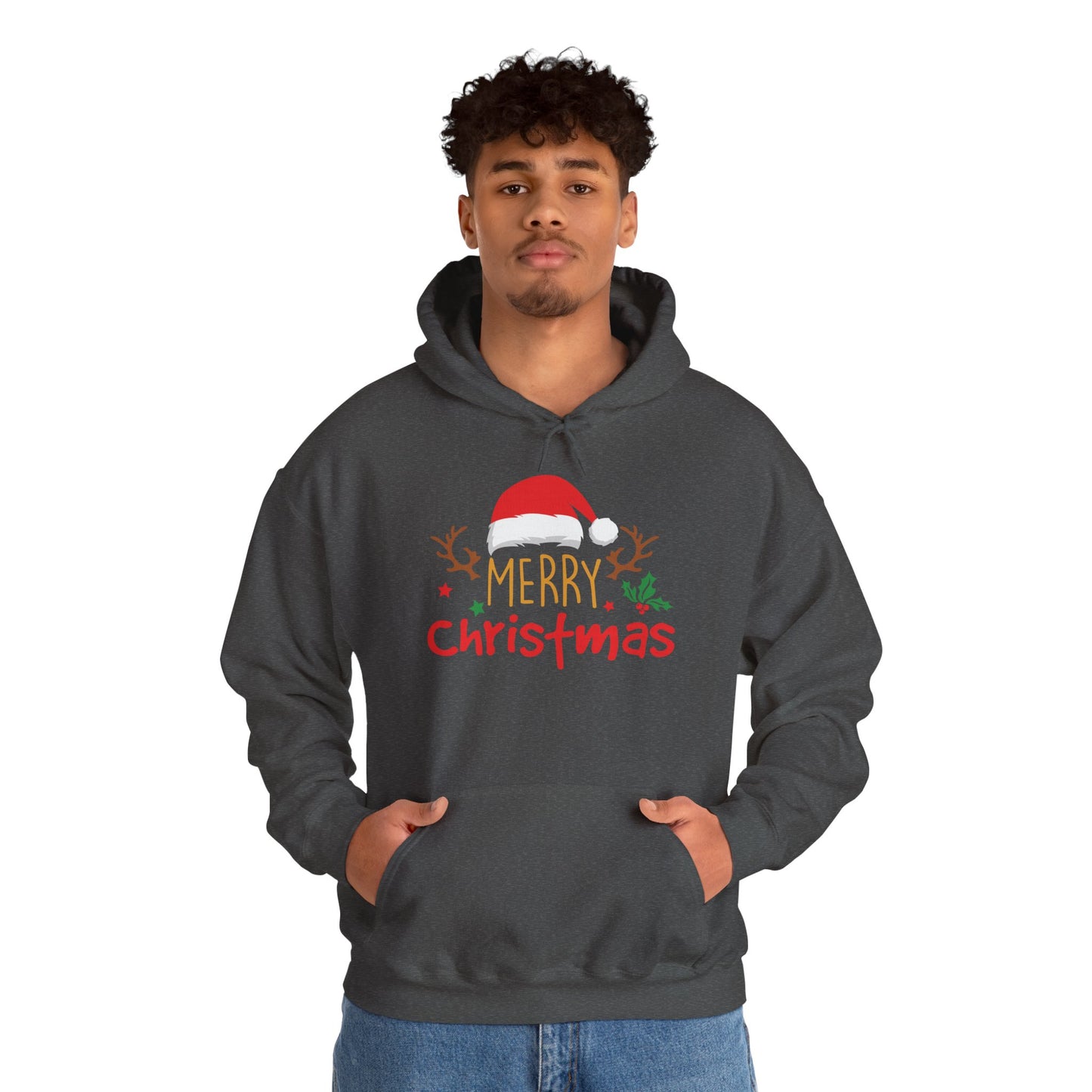 Merry Christmas Reindeer Hoodie – Santa Hat Holiday Unisex Sweatshirt, Festive Xmas Pullover