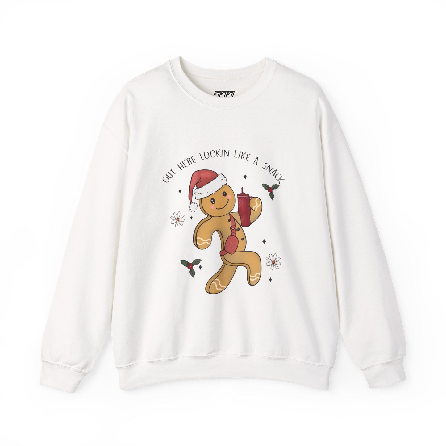 Out Here Looking Like a Snack Gingerbread Funny Christmas Holiday Sweatshirt – Cute Santa Hat Festive Unisex Heavy Blend Crewneck