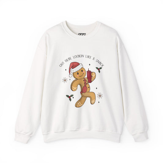 Out Here Looking Like a Snack Gingerbread Funny Christmas Holiday Sweatshirt – Cute Santa Hat Festive Unisex Heavy Blend Crewneck