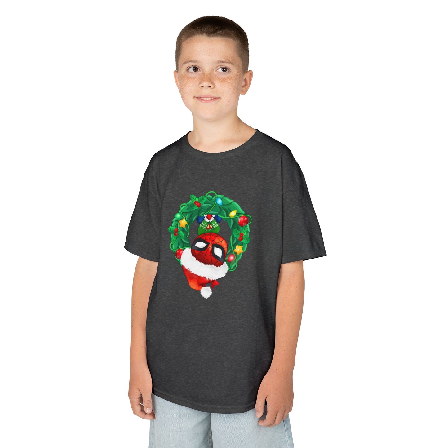Spidey Wreath Kids Christmas Tee – Superhero Holiday Shirt for Kids Heavy Cotton T-Shirt
