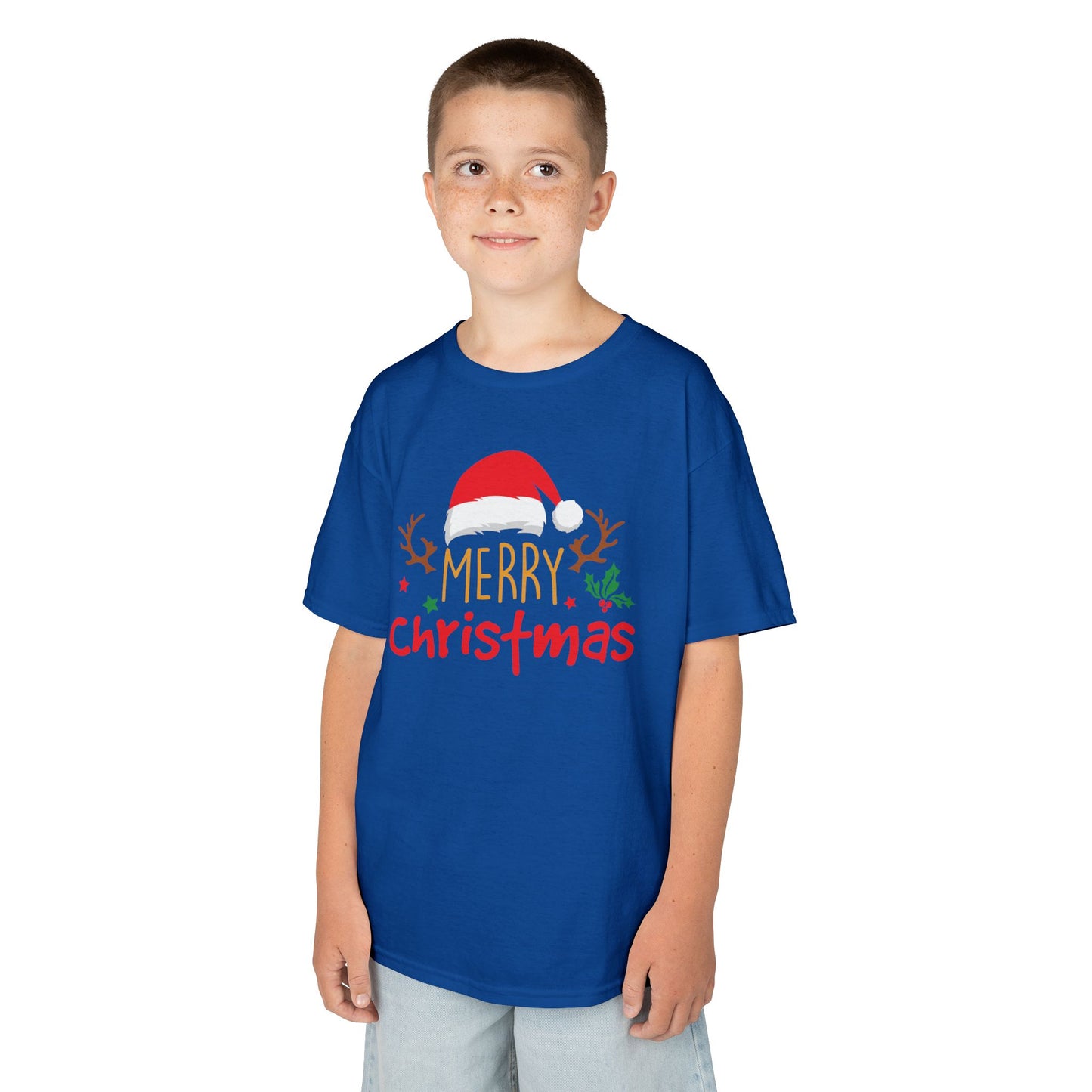 Merry Christmas Reindeer Kids T-Shirt – Cute Holiday Santa Hat Xmas Graphic Tee