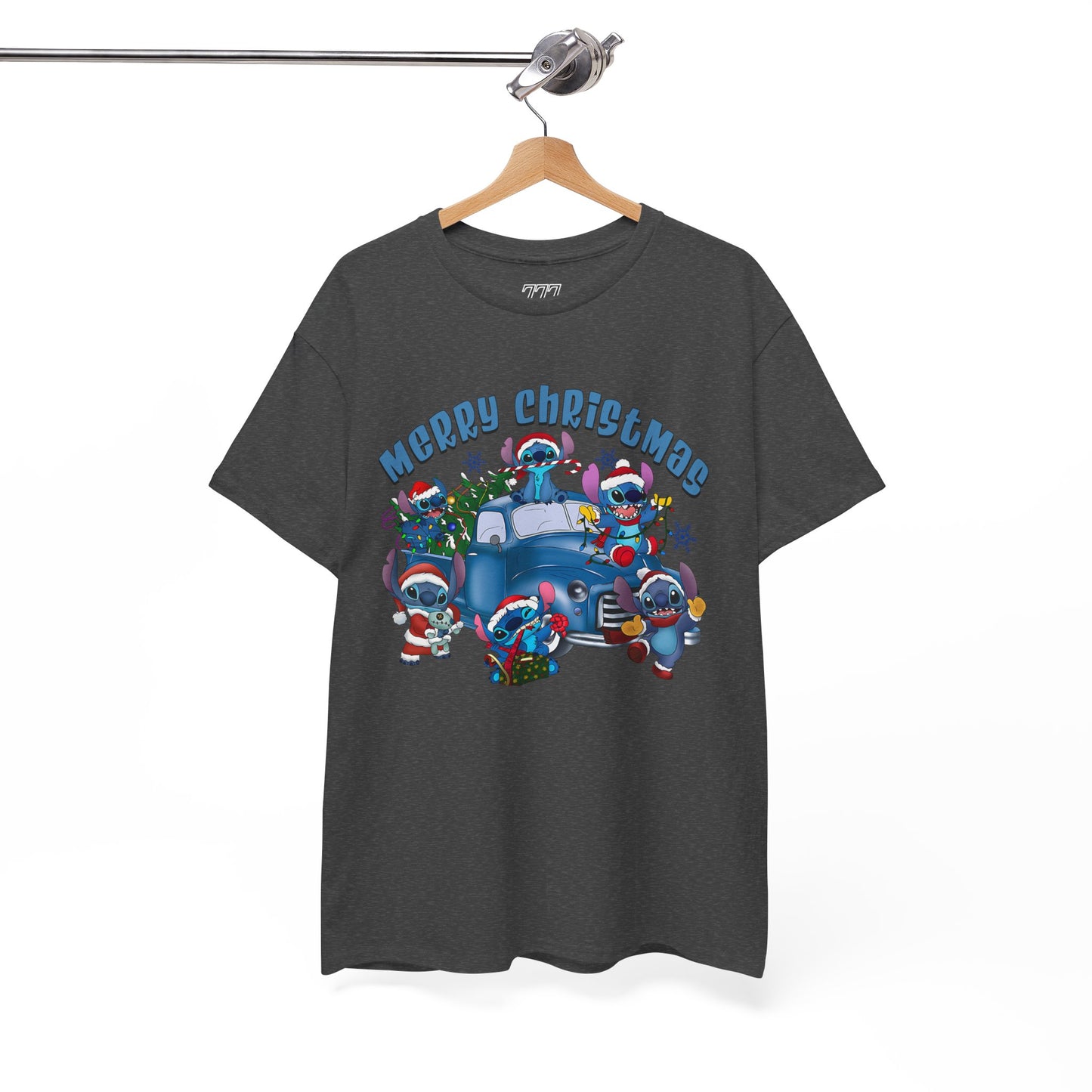 Merry Christmas Unisex Heavy Cotton T-Shirt – Blue Christmas Truck & Cute Holiday Characters Tee