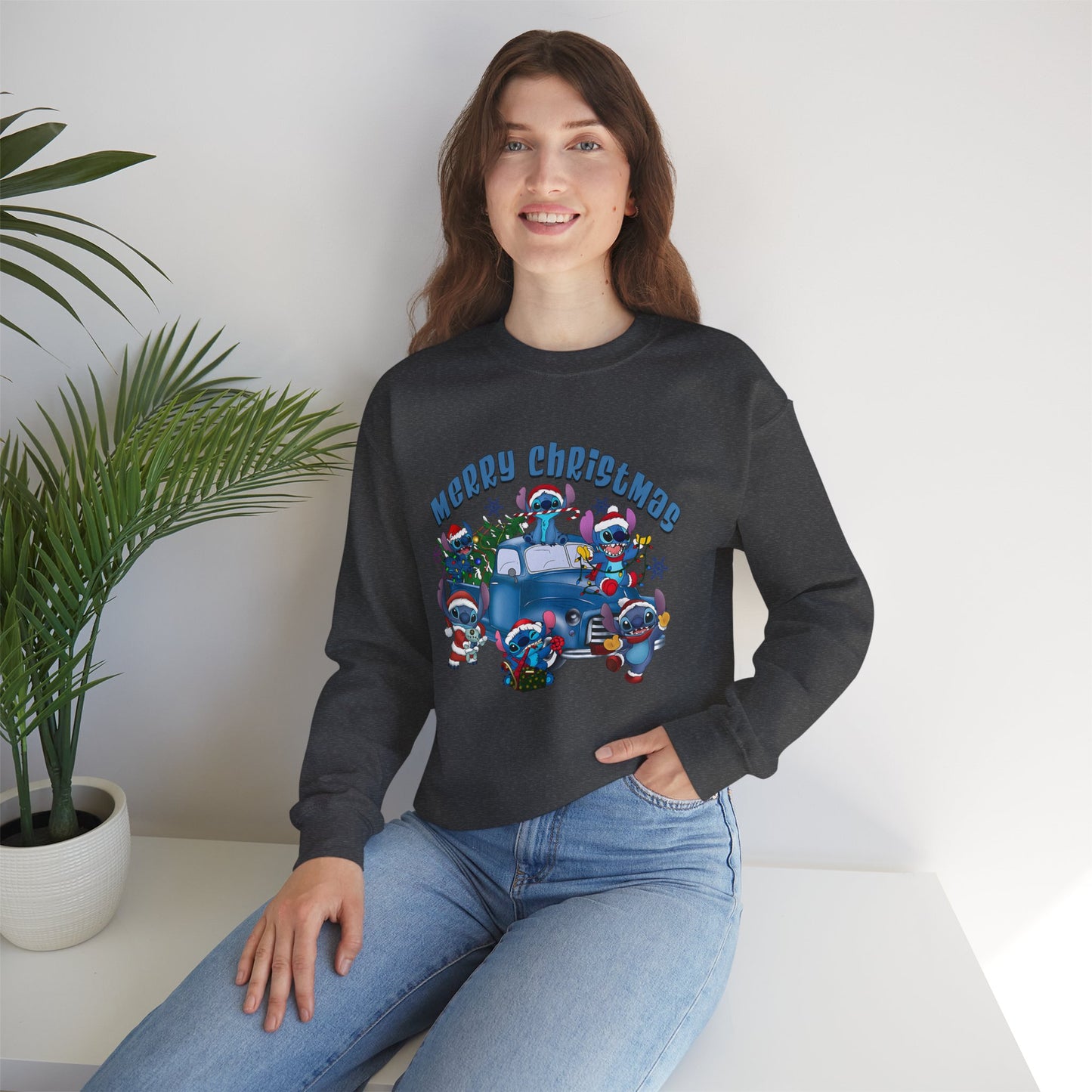 Merry Christmas Unisex Heavy Blend Crewneck Sweatshirt – Blue Christmas Truck & Cute Holiday Characters Sweater