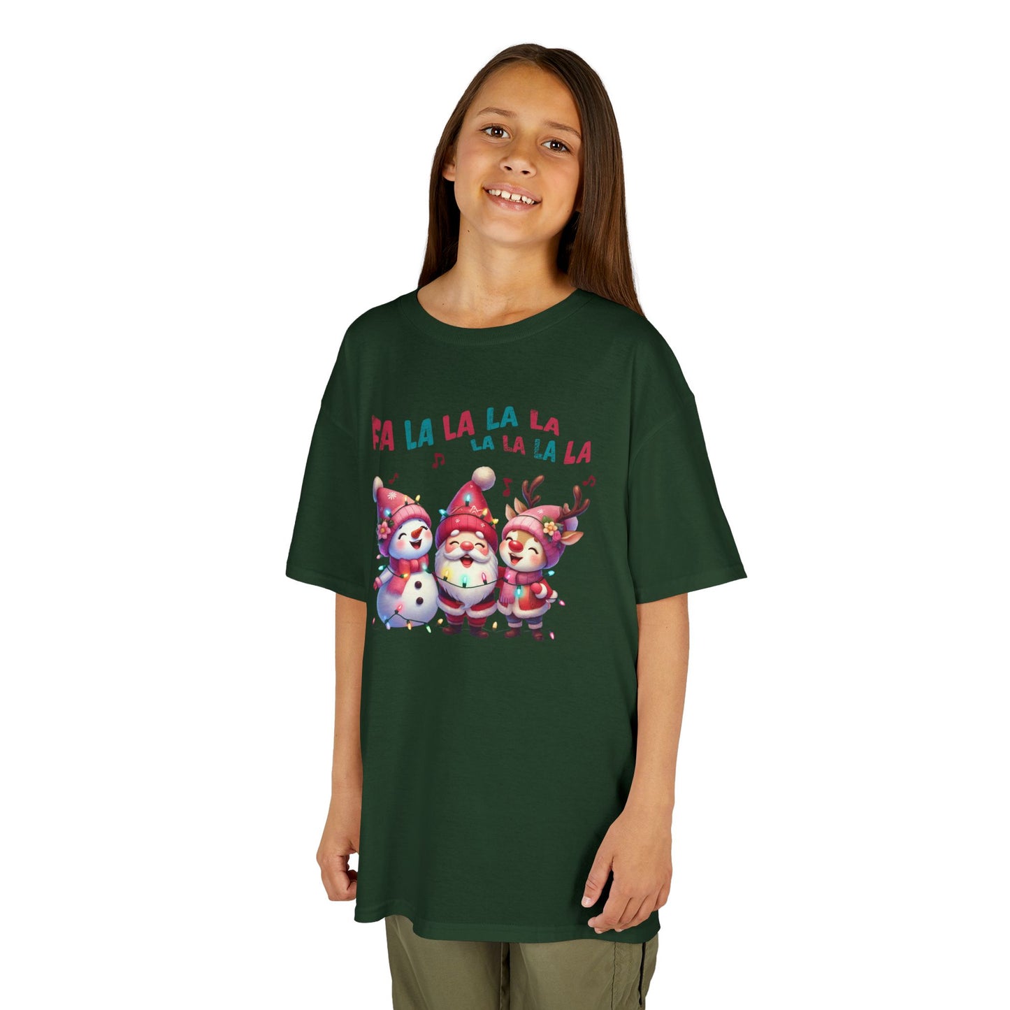 Festive Caroling Trio Kids Christmas T-Shirt – Cute Santa, Snowman & Reindeer Holiday Tee