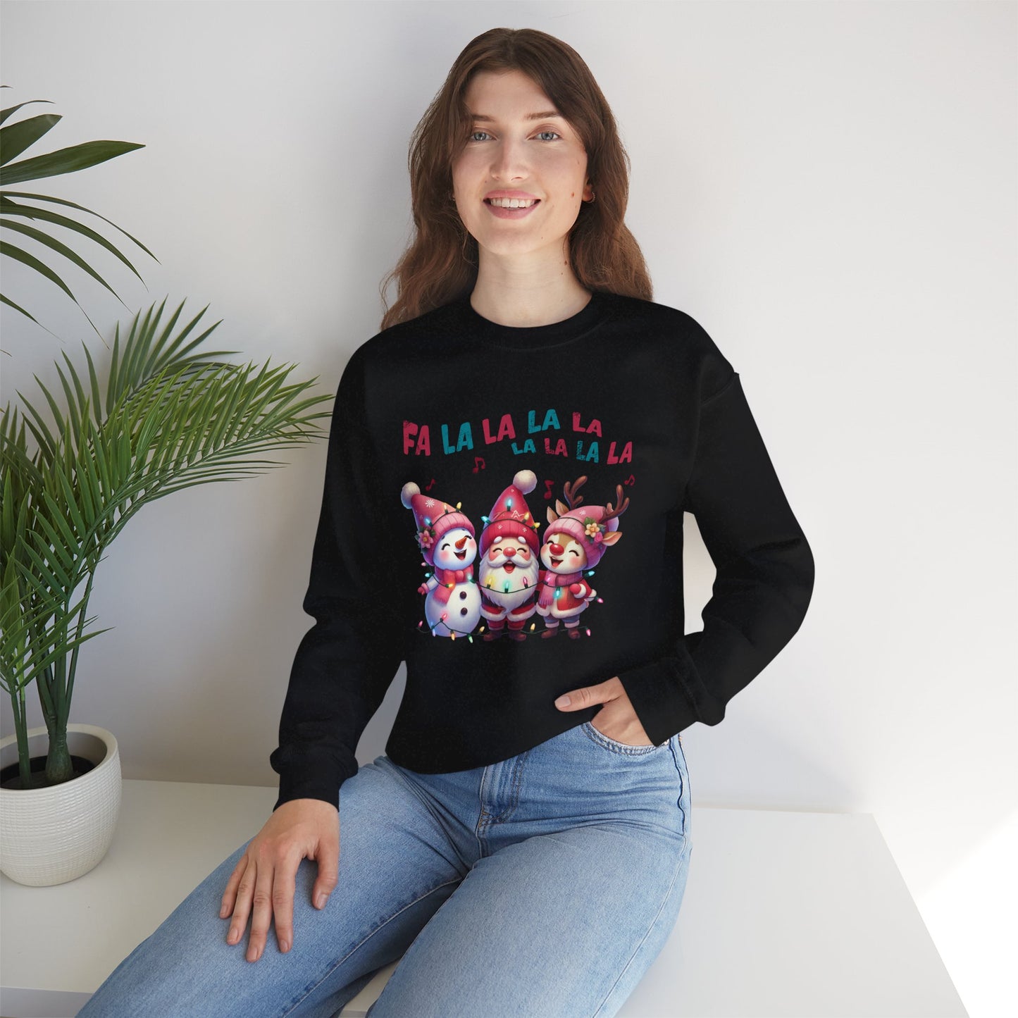 Festive Caroling Trio Christmas Crewneck – Cute Santa, Snowman & Reindeer Holiday Sweatshirt (Unisex)
