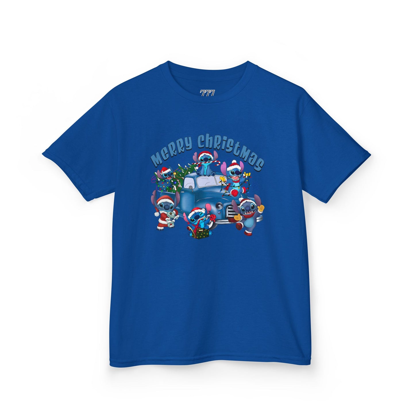 Merry Christmas Kids T-Shirt – Cute Blue Holiday Characters & Christmas Truck Tee