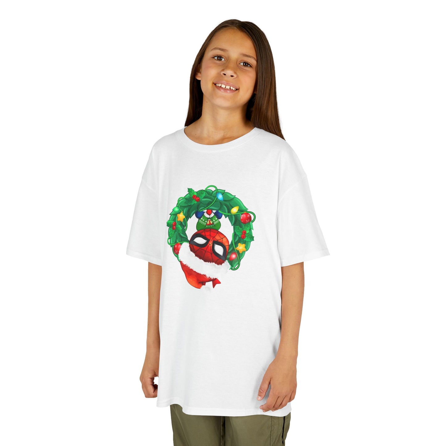 Spidey Wreath Kids Christmas Tee – Superhero Holiday Shirt for Kids Heavy Cotton T-Shirt