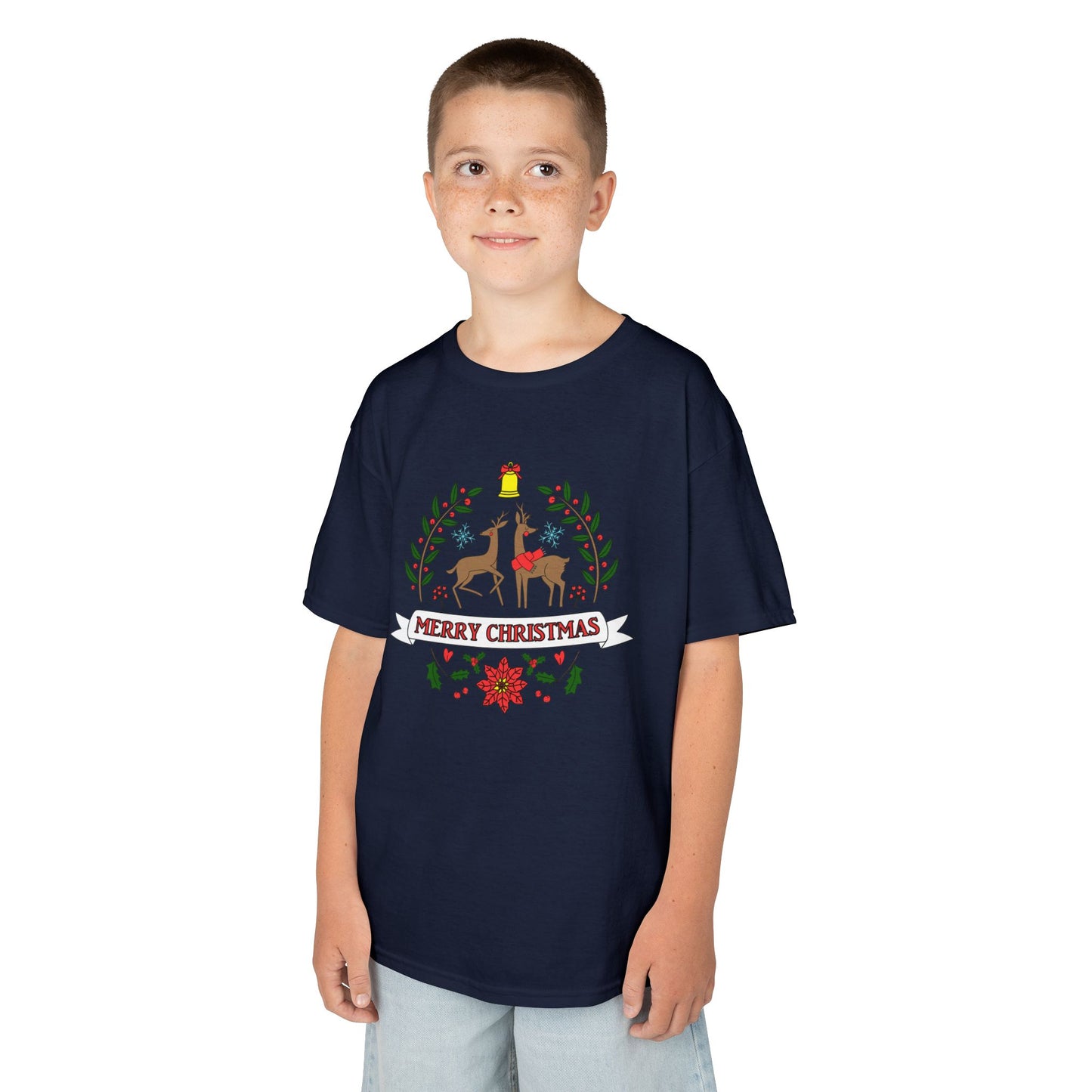 Merry Christmas Reindeer Kids T-Shirt – Cute Holiday Laurel & Poinsettia Tee