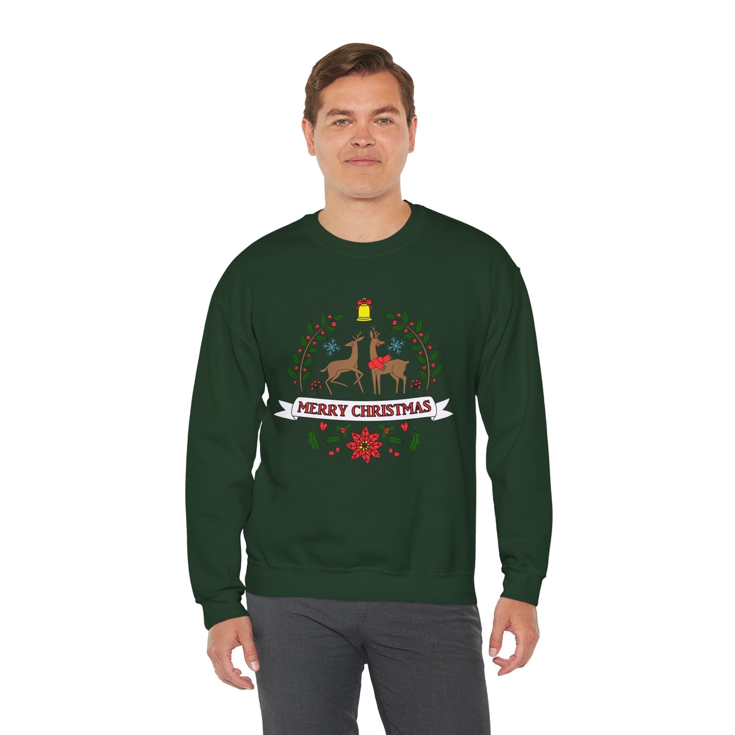 Merry Christmas Reindeer Crewneck – Classic Holiday Laurel & Poinsettia Sweatshirt (Unisex)
