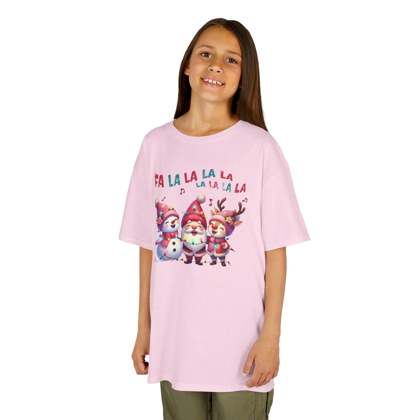 Festive Caroling Trio Kids Christmas T-Shirt – Cute Santa, Snowman & Reindeer Holiday Tee