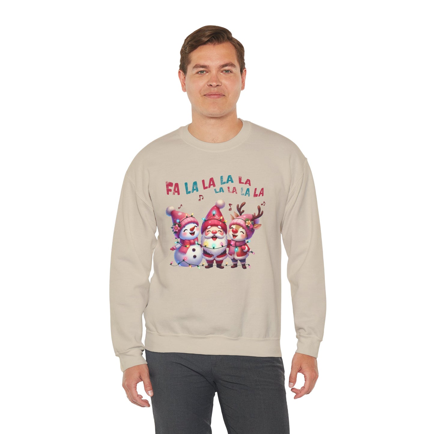 Festive Caroling Trio Christmas Crewneck – Cute Santa, Snowman & Reindeer Holiday Sweatshirt (Unisex)