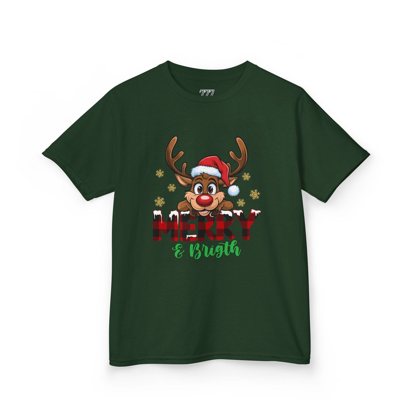 Merry & Bright Kids Christmas T-Shirt – Cute Reindeer Holiday Heavy Cotton Tee