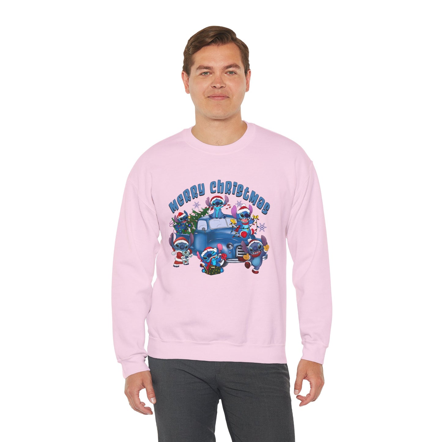 Merry Christmas Unisex Heavy Blend Crewneck Sweatshirt – Blue Christmas Truck & Cute Holiday Characters Sweater