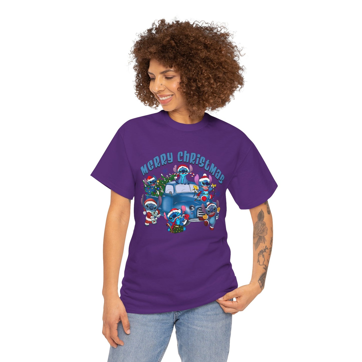 Merry Christmas Unisex Heavy Cotton T-Shirt – Blue Christmas Truck & Cute Holiday Characters Tee
