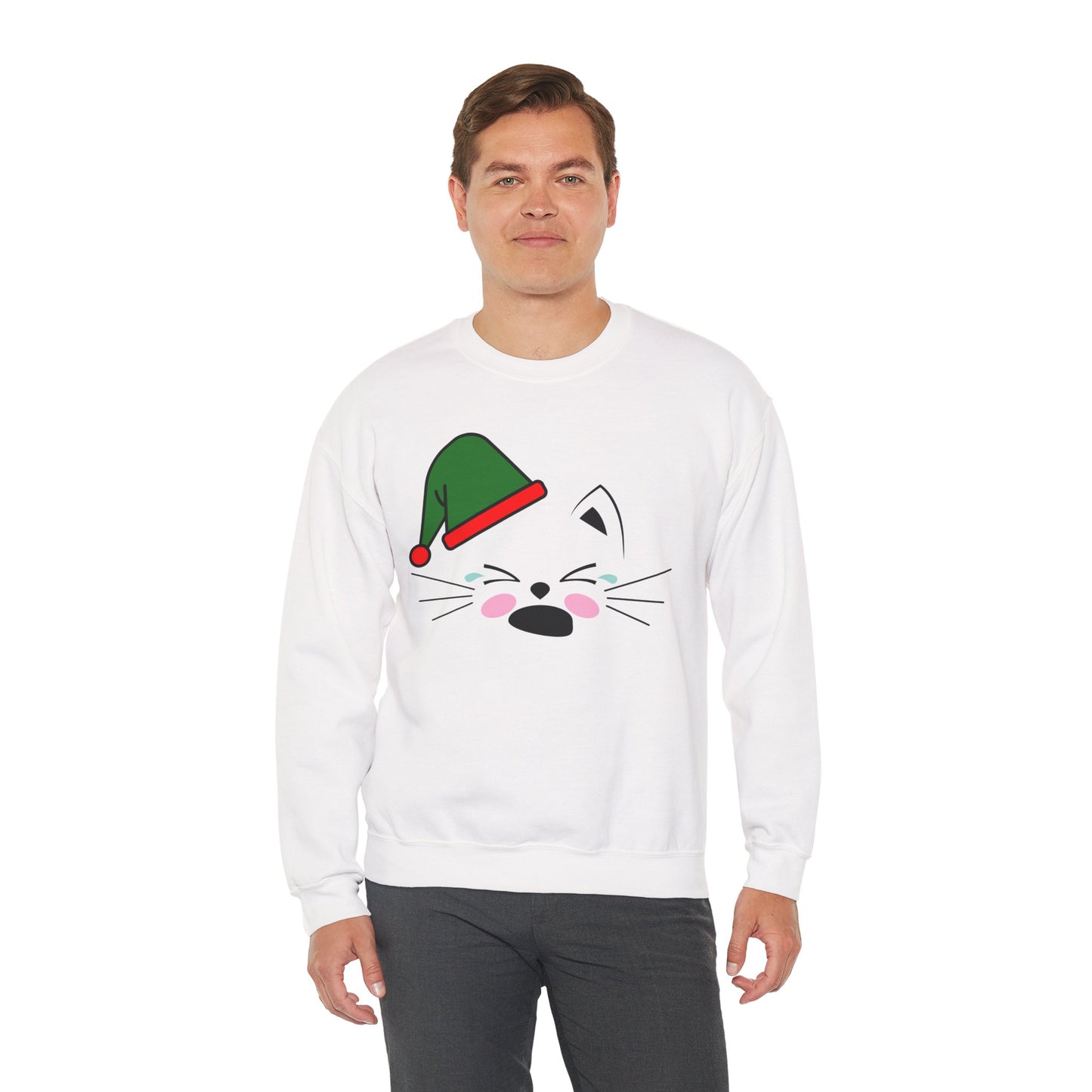 Elf Cat Christmas Crewneck – Cute Kawaii Cat Holiday Sweatshirt (Unisex)