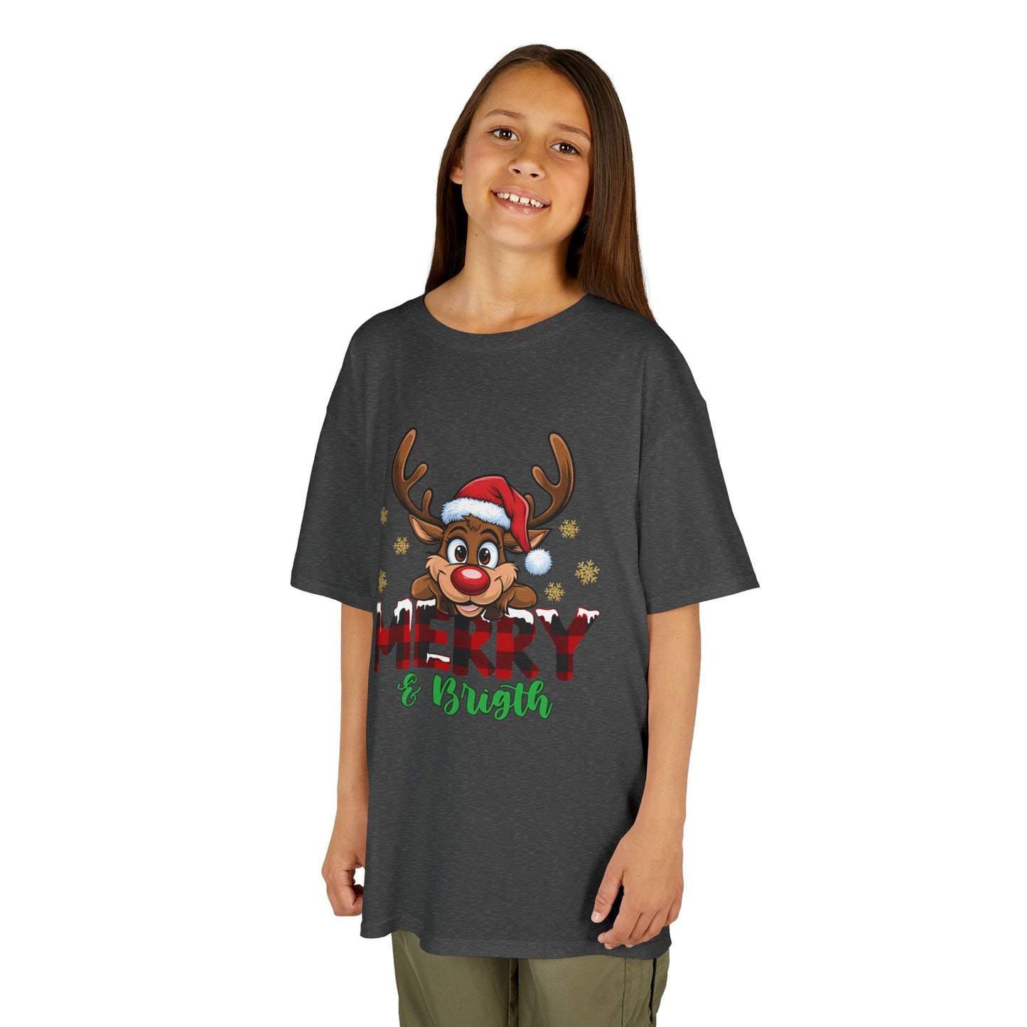 Merry & Bright Kids Christmas T-Shirt – Cute Reindeer Holiday Heavy Cotton Tee