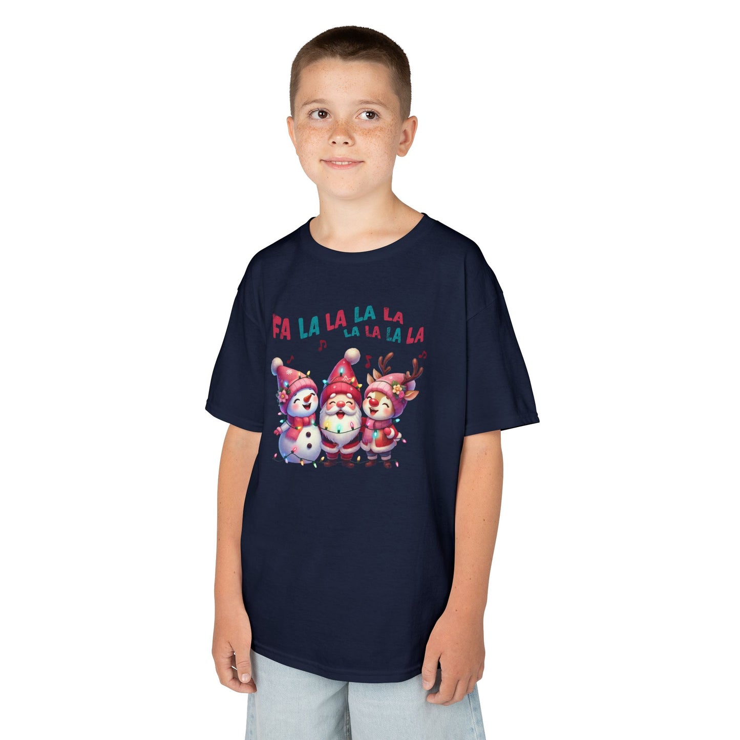 Festive Caroling Trio Kids Christmas T-Shirt – Cute Santa, Snowman & Reindeer Holiday Tee