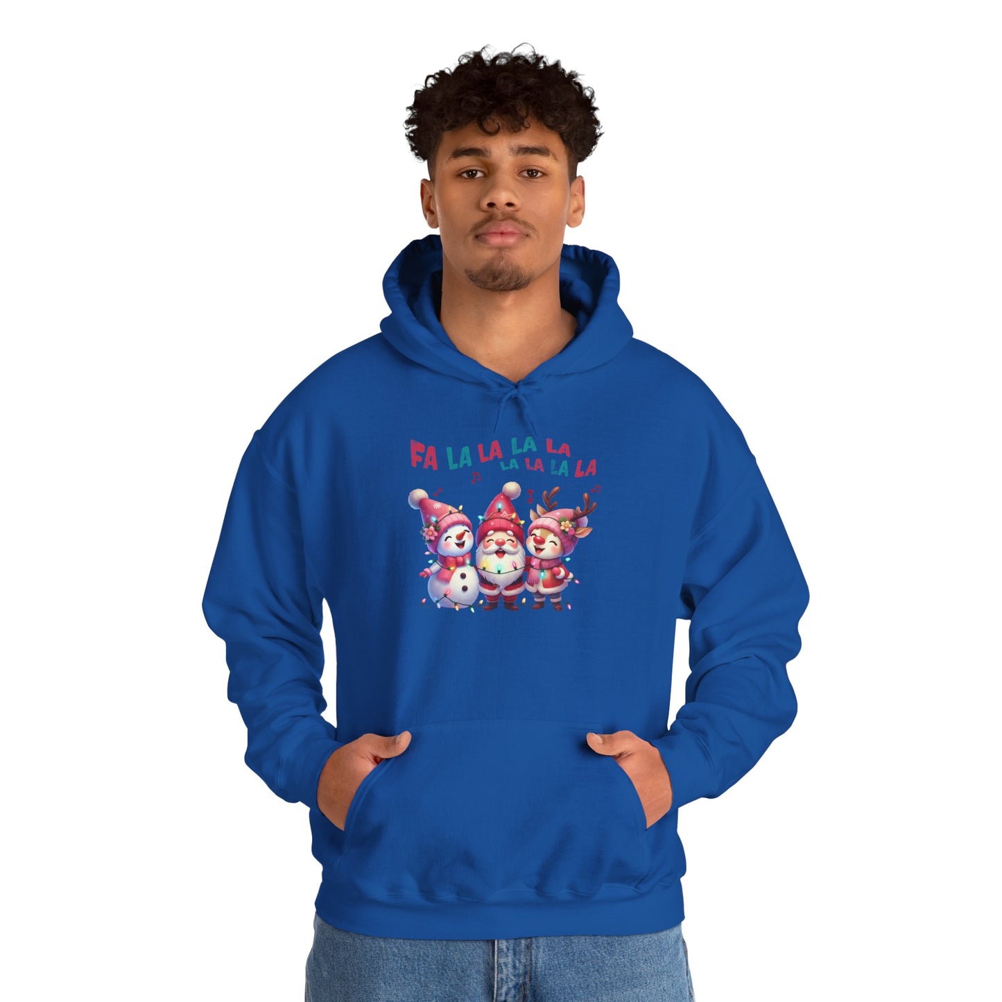 Festive Caroling Trio Christmas Hoodie – Cute Santa, Snowman & Reindeer Holiday Sweatshirt (Unisex)