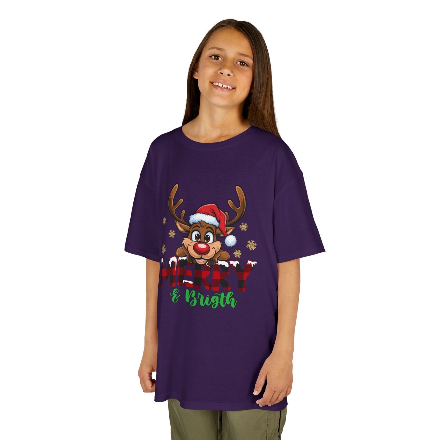 Merry & Bright Kids Christmas T-Shirt – Cute Reindeer Holiday Heavy Cotton Tee