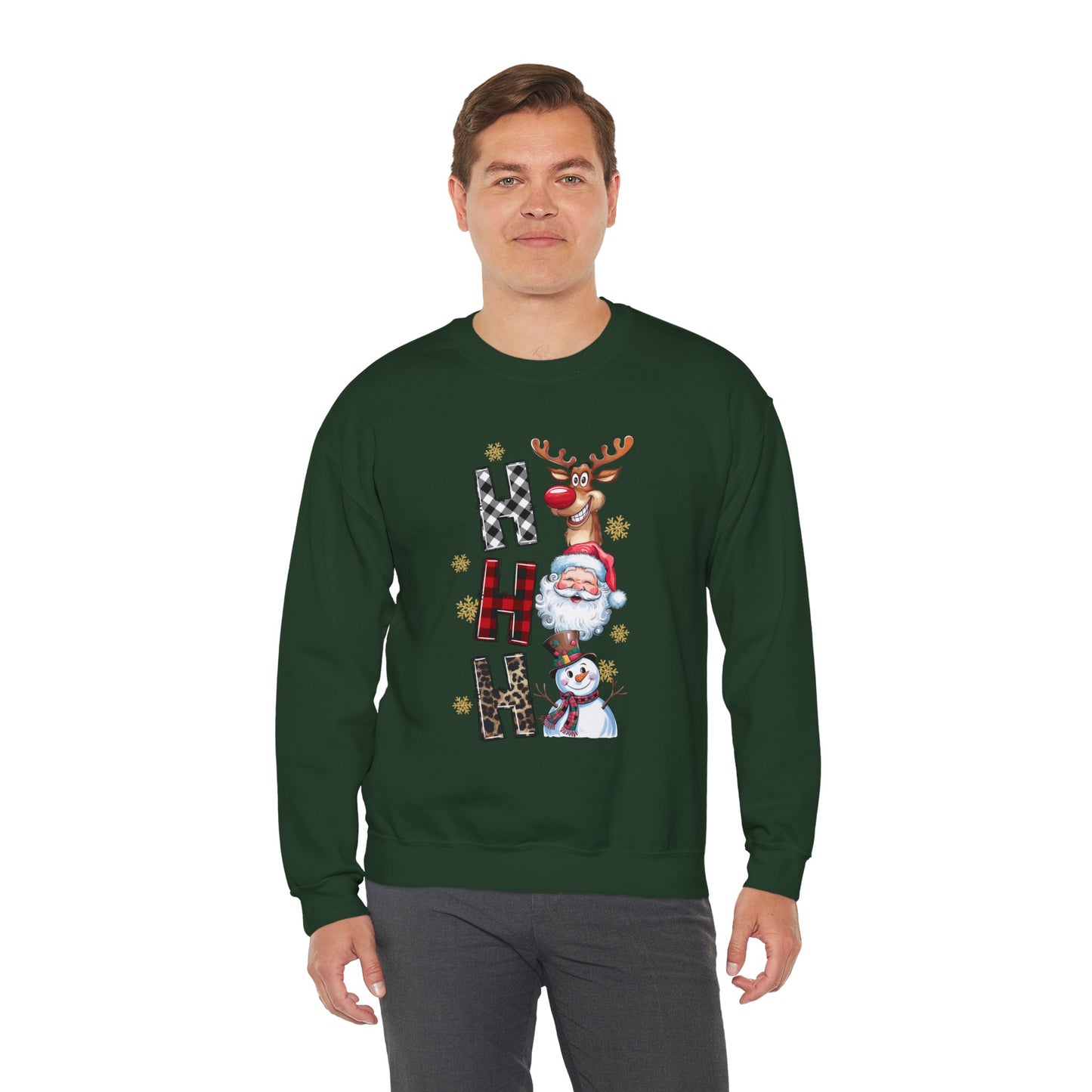HO HO HO Christmas Unisex Heavy Blend Crewneck Sweatshirt – Santa, Reindeer & Snowman Holiday Sweater