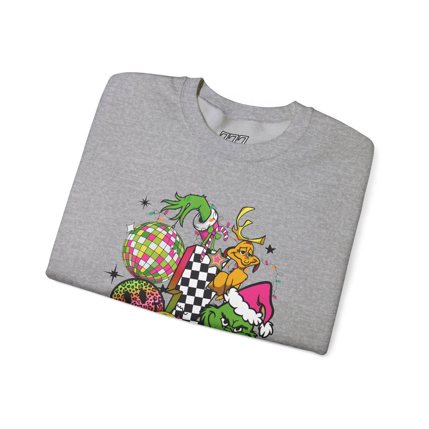 Grinchy Bells Christmas Crewneck – Neon Holiday Hearts & Grumpy Green Aesthetic Sweatshirt (Unisex)