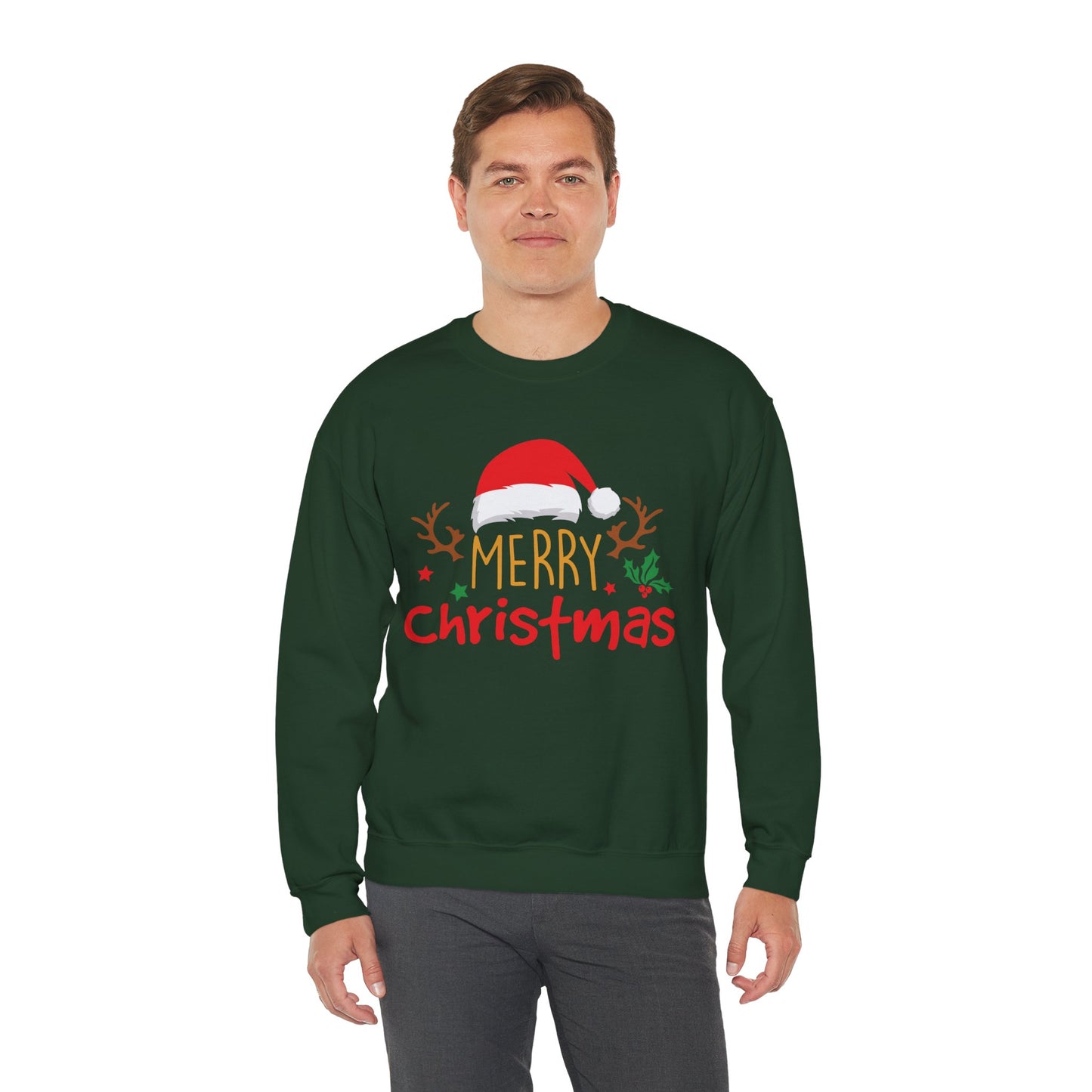 Merry Christmas Reindeer Crewneck – Santa Hat Holiday Unisex Sweatshirt, Festive Xmas Pullover