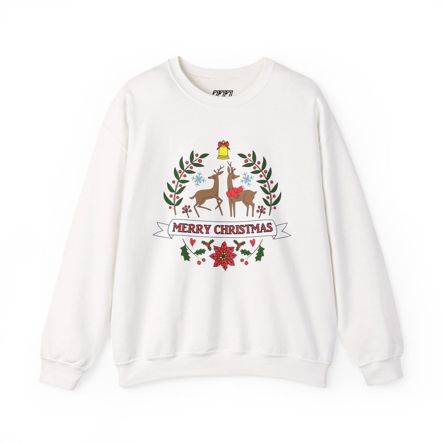 Merry Christmas Reindeer Crewneck – Classic Holiday Laurel & Poinsettia Sweatshirt (Unisex)