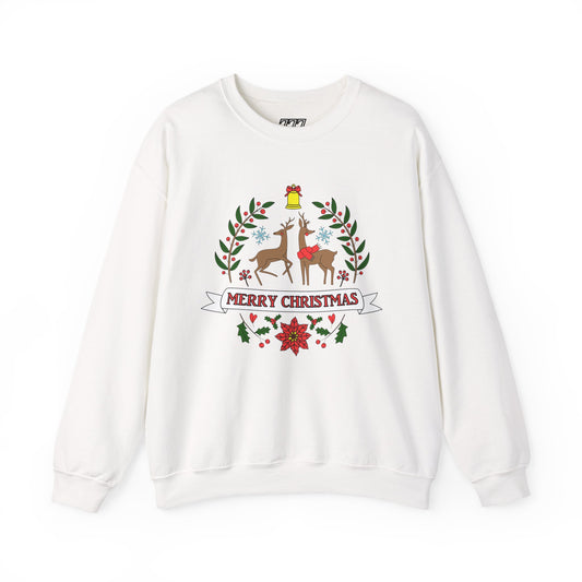 Merry Christmas Reindeer Crewneck – Classic Holiday Laurel & Poinsettia Sweatshirt (Unisex)