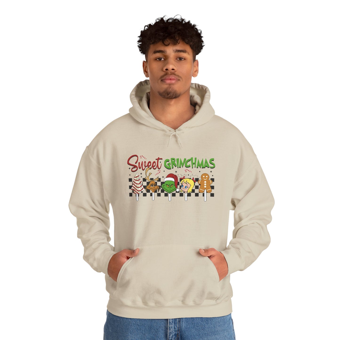 Sweet Grinchmas Candy Characters Funny Christmas Hoodie – Cute Holiday Treats Grinch-Inspired Unisex Heavy Blend Hooded Sweatshirt