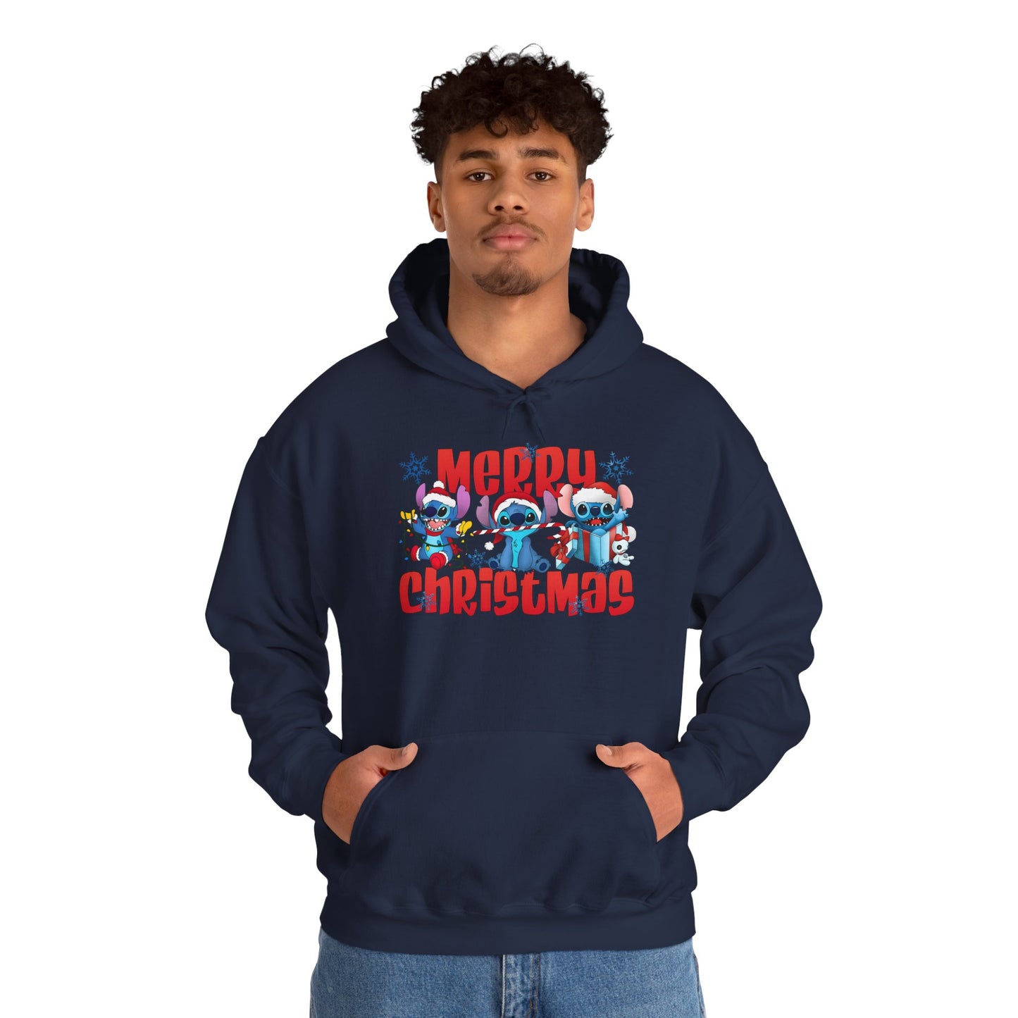 Merry Christmas Unisex Heavy Blend Hooded Sweatshirt – Cute Blue Holiday Characters Hoodie