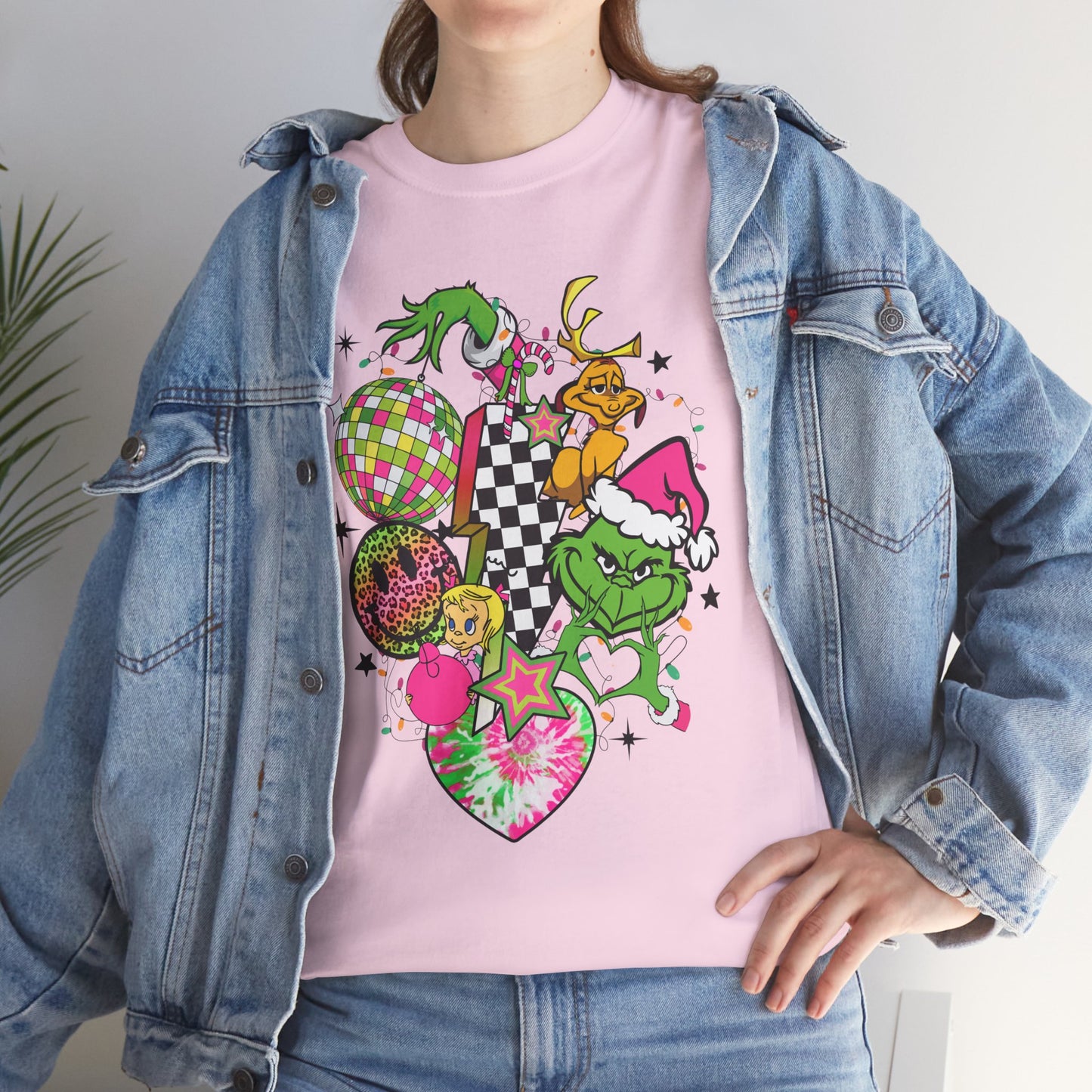 Grinchy Bell Christmas T-Shirt – Neon Holiday Hearts & Grumpy Green Vibes Tee (Unisex)