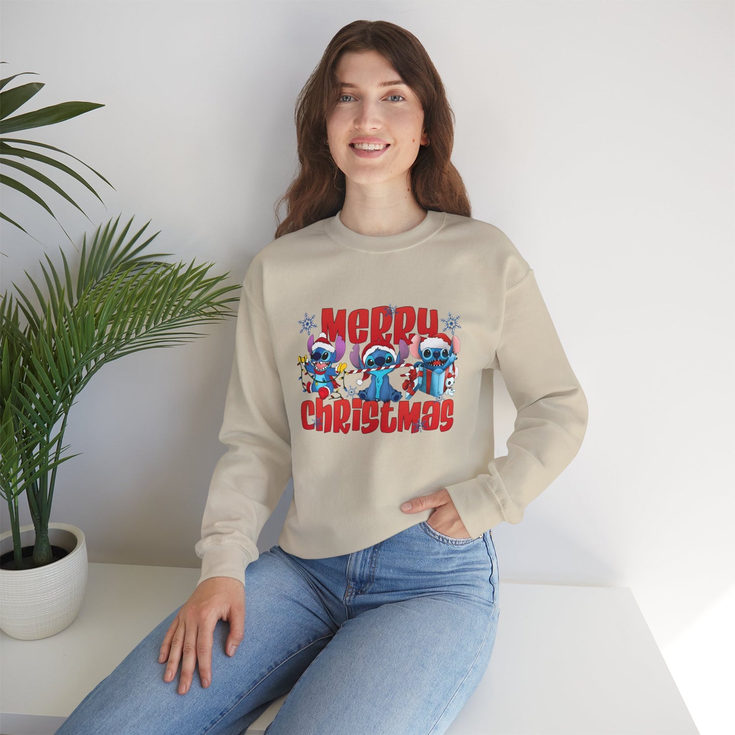 Merry Christmas Unisex Heavy Blend Crewneck Sweatshirt – Cute Blue Holiday Characters Sweater