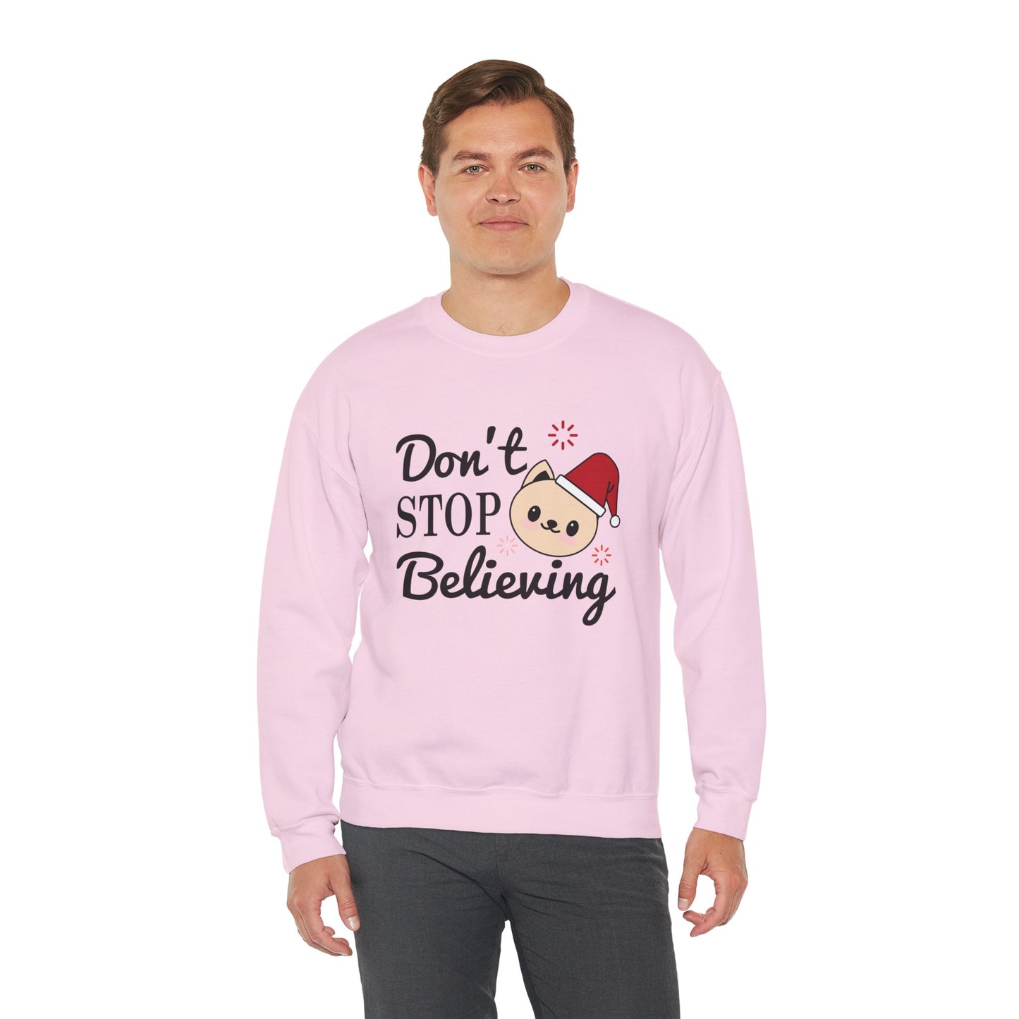 Don’t Stop Believing Christmas Crewneck – Cute Santa Cat Holiday Sweatshirt (Unisex)