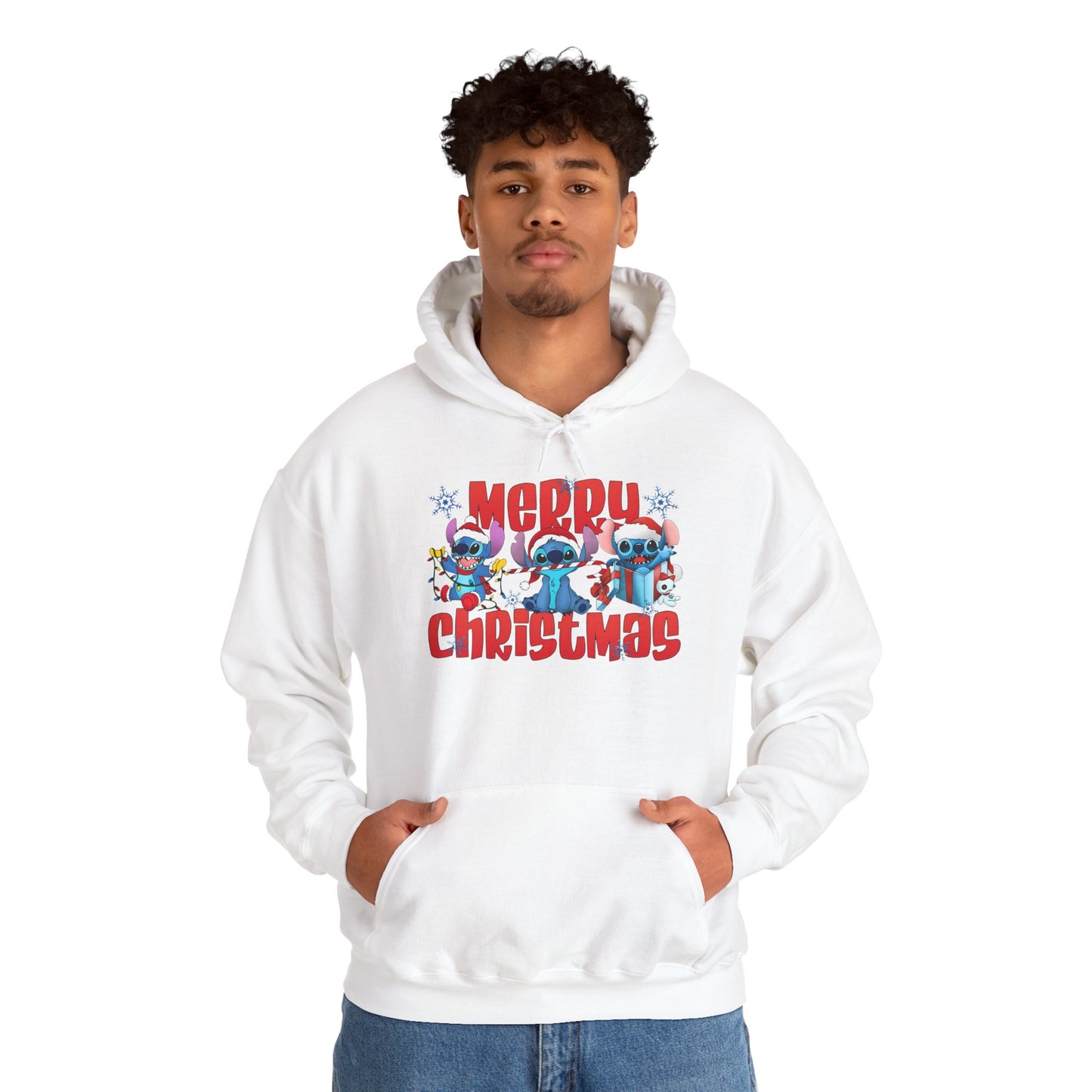 Merry Christmas Unisex Heavy Blend Hooded Sweatshirt – Cute Blue Holiday Characters Hoodie