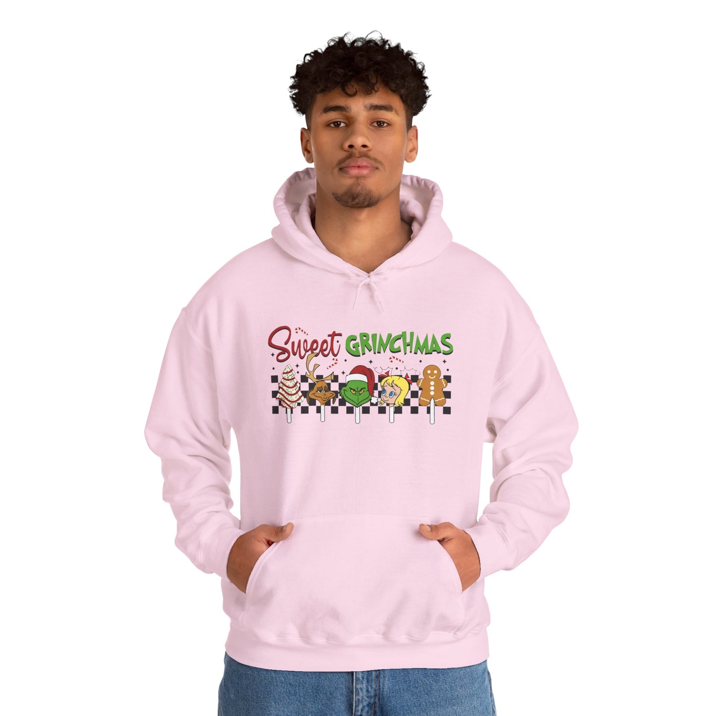 Sweet Grinchmas Candy Characters Funny Christmas Hoodie – Cute Holiday Treats Grinch-Inspired Unisex Heavy Blend Hooded Sweatshirt