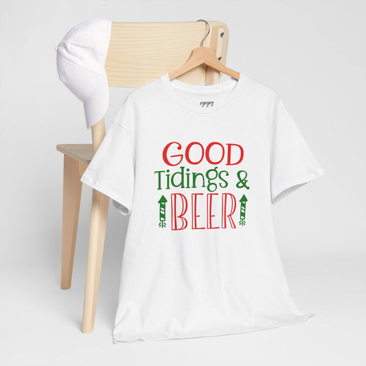 Good Tidings & Beer T-Shirt – Funny Christmas Drinking Unisex Heavy Cotton Tee