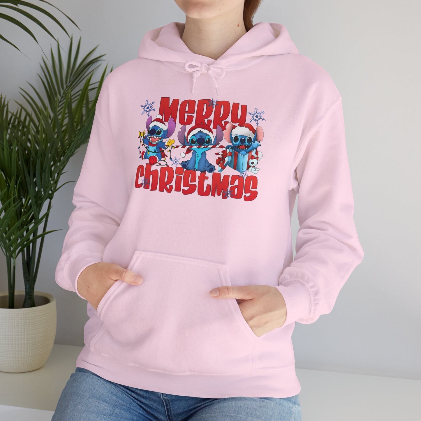 Merry Christmas Unisex Heavy Blend Hooded Sweatshirt – Cute Blue Holiday Characters Hoodie