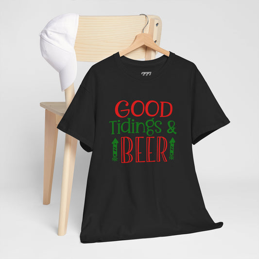 Good Tidings & Beer T-Shirt – Funny Christmas Drinking Unisex Heavy Cotton Tee