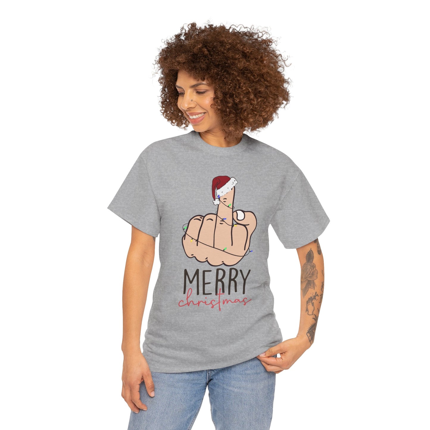 Merry Christmas Middle Finger Funny Adult Holiday Tee – Sarcastic Santa Joke Unisex Heavy Cotton T-Shirt