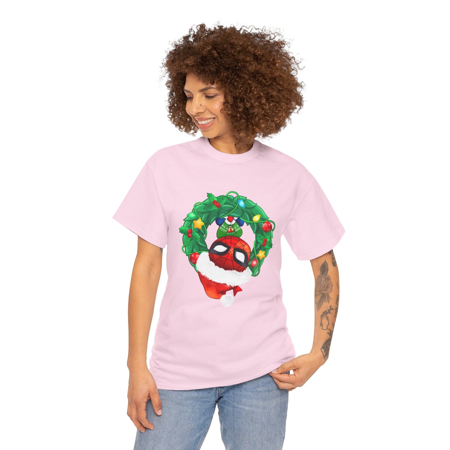 Spidey Wreath Christmas Tee – Superhero Holiday Lights Festive Unisex Heavy Cotton T-Shirt