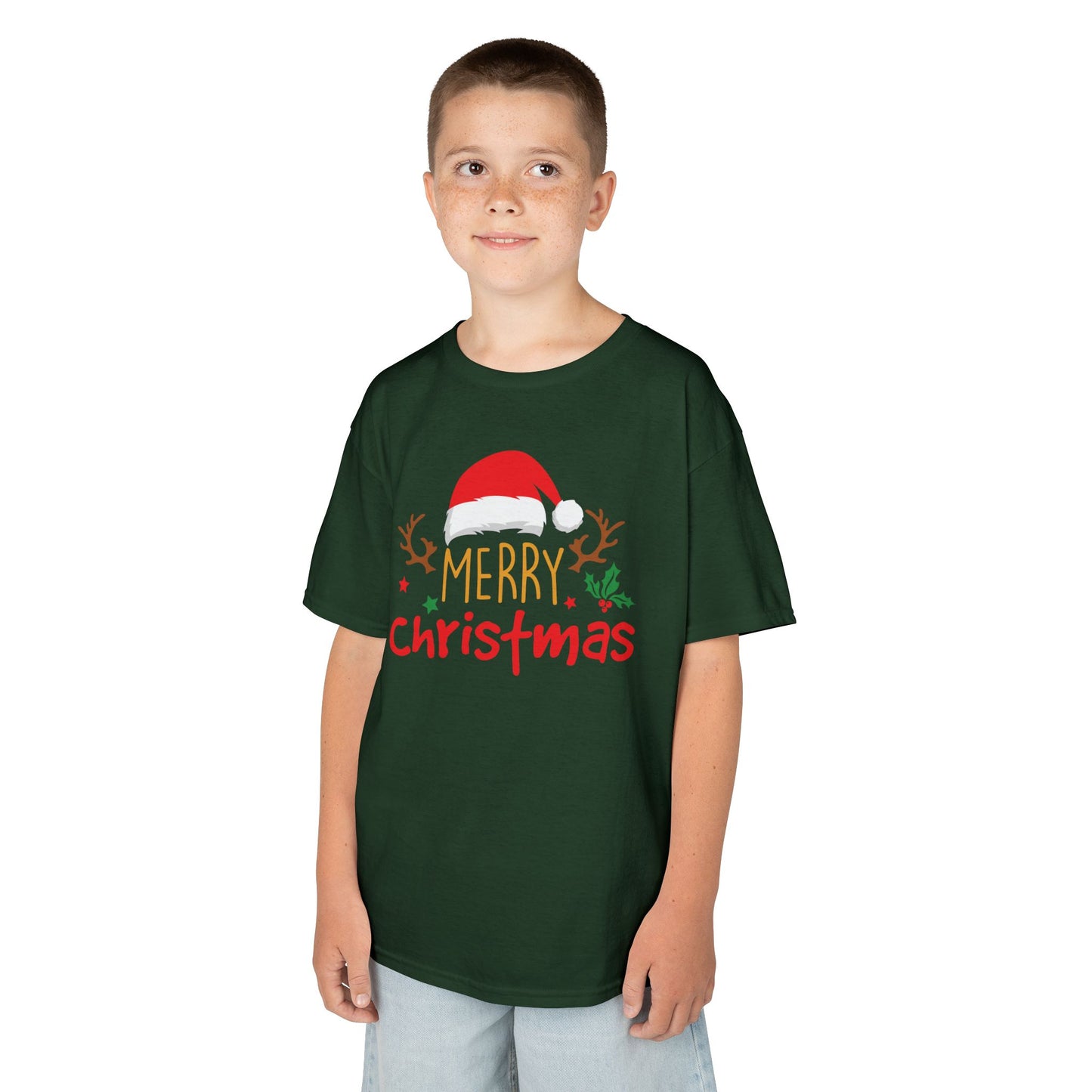 Merry Christmas Reindeer Kids T-Shirt – Cute Holiday Santa Hat Xmas Graphic Tee